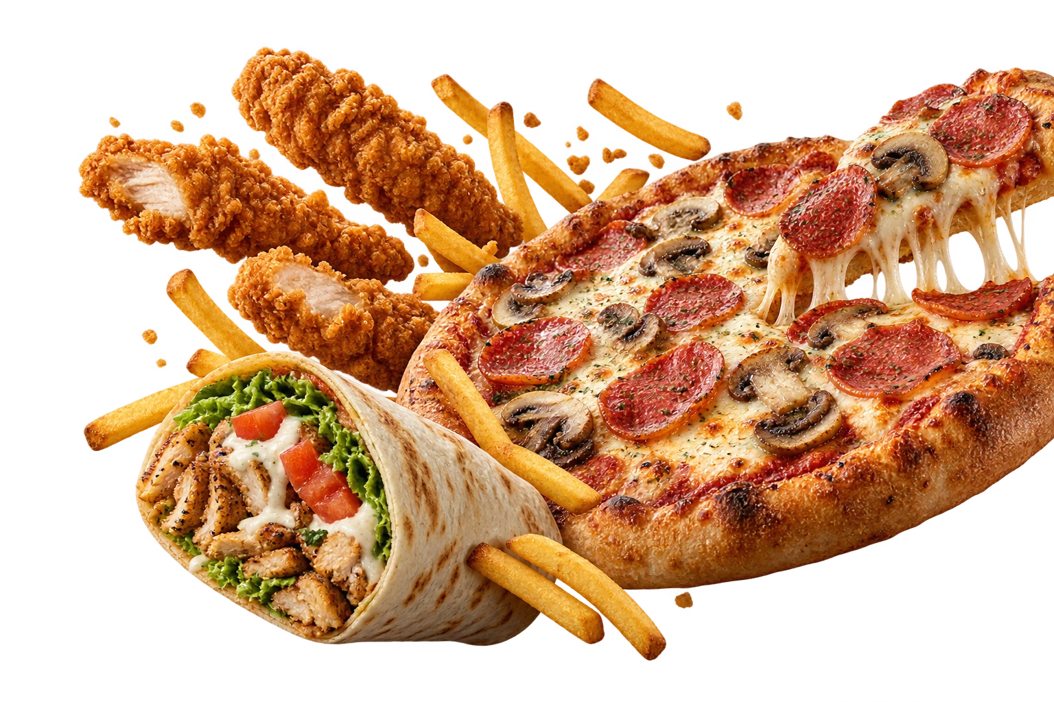 Pizza, crispy de pui, cartofi și shaorma — imagine de prezentare