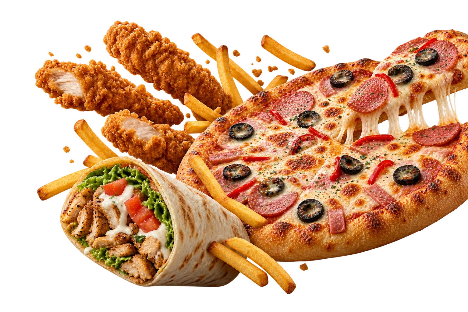 Pizza, crispy de pui, cartofi și shaorma — imagine de prezentare